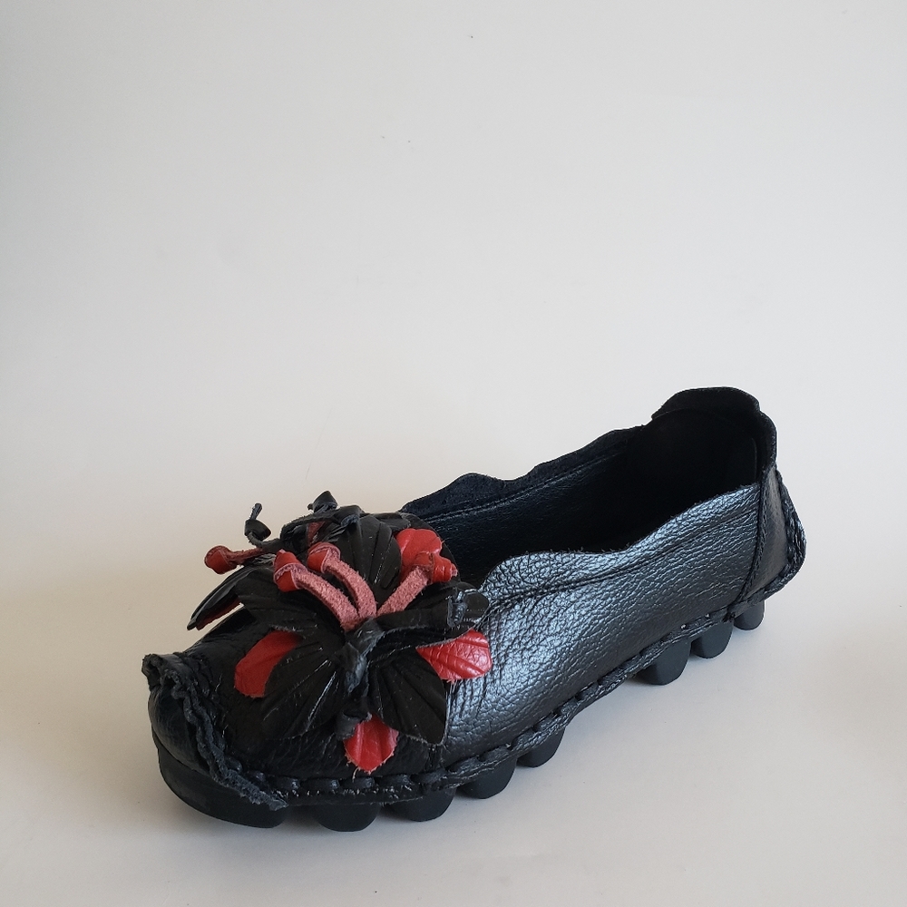 #Women Black Leather Flower Flat Comfy Shoes